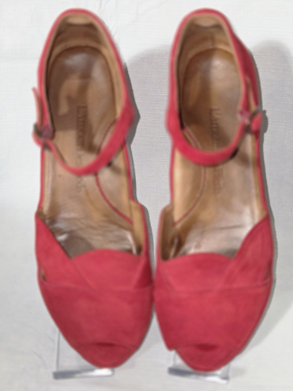 Red Suede Mary Jane Peep-Toe Heels with Ankle Strap